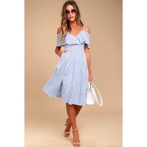 Lulu's Yacht Rock Blue and White Striped Off-the-Shoulder Midi Dress (Medium)